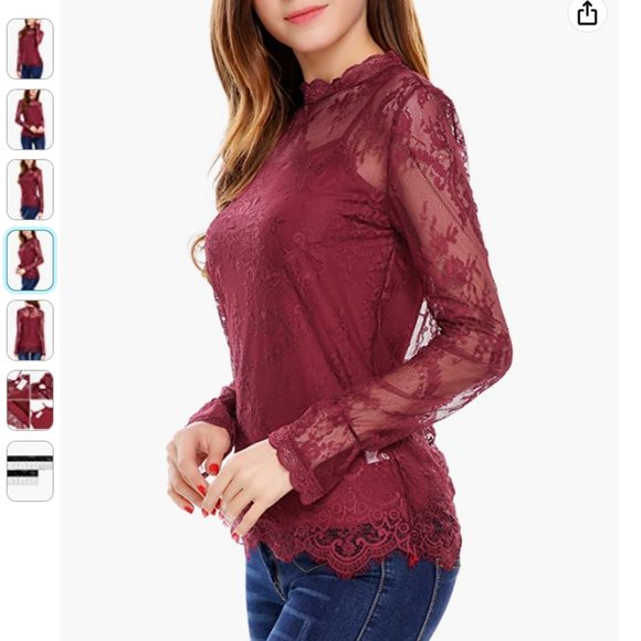 Burgundy Lace Long Sleeve Layered Blouse, XL - Picture 3 of 6